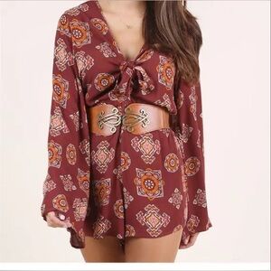 Altar’d State Burgundy Boho Tie Front Long Bell Sleeve Romper Size Small